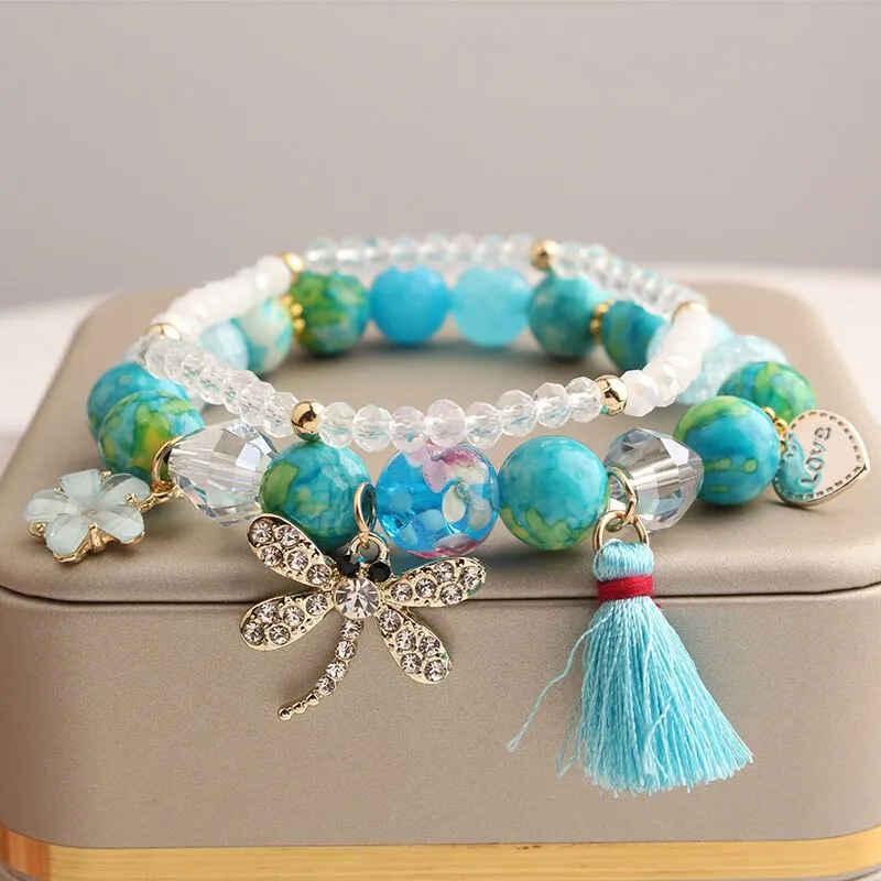 Korean style summer fresh mushroom floral pendant bracelets double-layer popcorn Crystal elastic bracelet for women