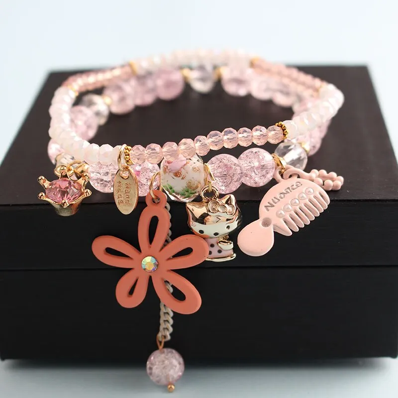 Korean style summer fresh mushroom floral pendant bracelets double-layer popcorn Crystal elastic bracelet for women