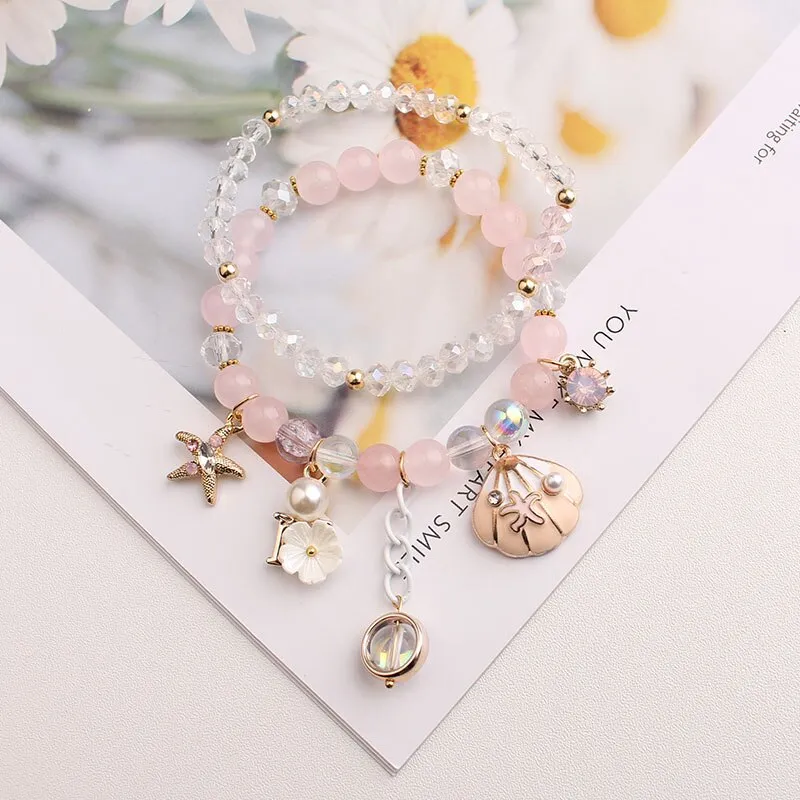 Korean style summer fresh mushroom floral pendant bracelets double-layer popcorn Crystal elastic bracelet for women