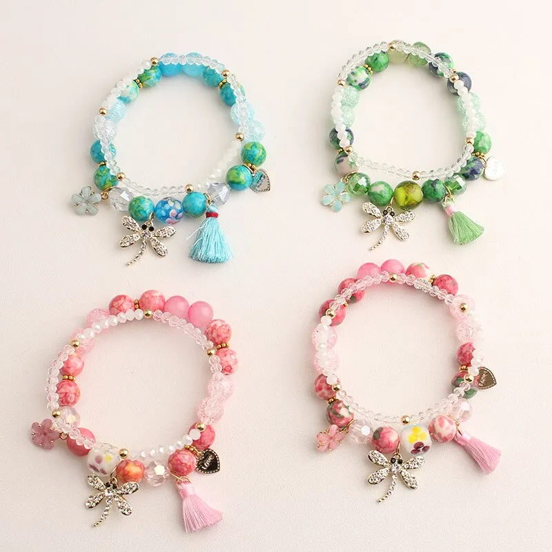 Korean style summer fresh mushroom floral pendant bracelets double-layer popcorn Crystal elastic bracelet for women