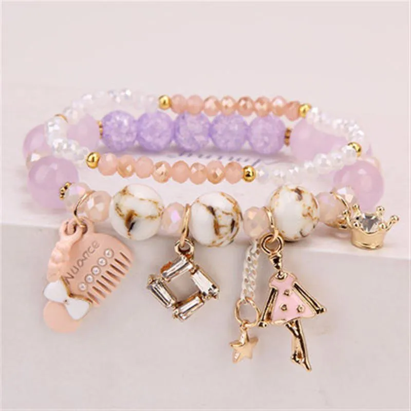 Korean style summer fresh mushroom floral pendant bracelets double-layer popcorn Crystal elastic bracelet for women