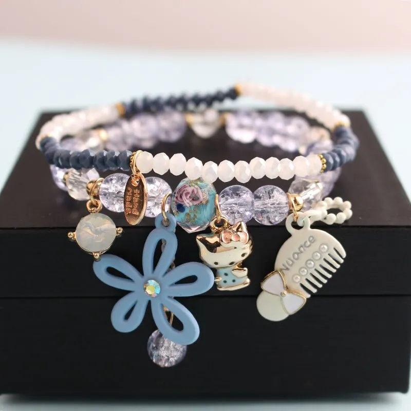 Korean style summer fresh mushroom floral pendant bracelets double-layer popcorn Crystal elastic bracelet for women