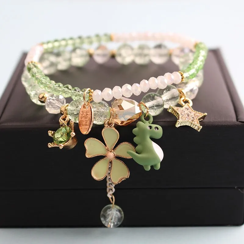 Korean style summer fresh mushroom floral pendant bracelets double-layer popcorn Crystal elastic bracelet for women