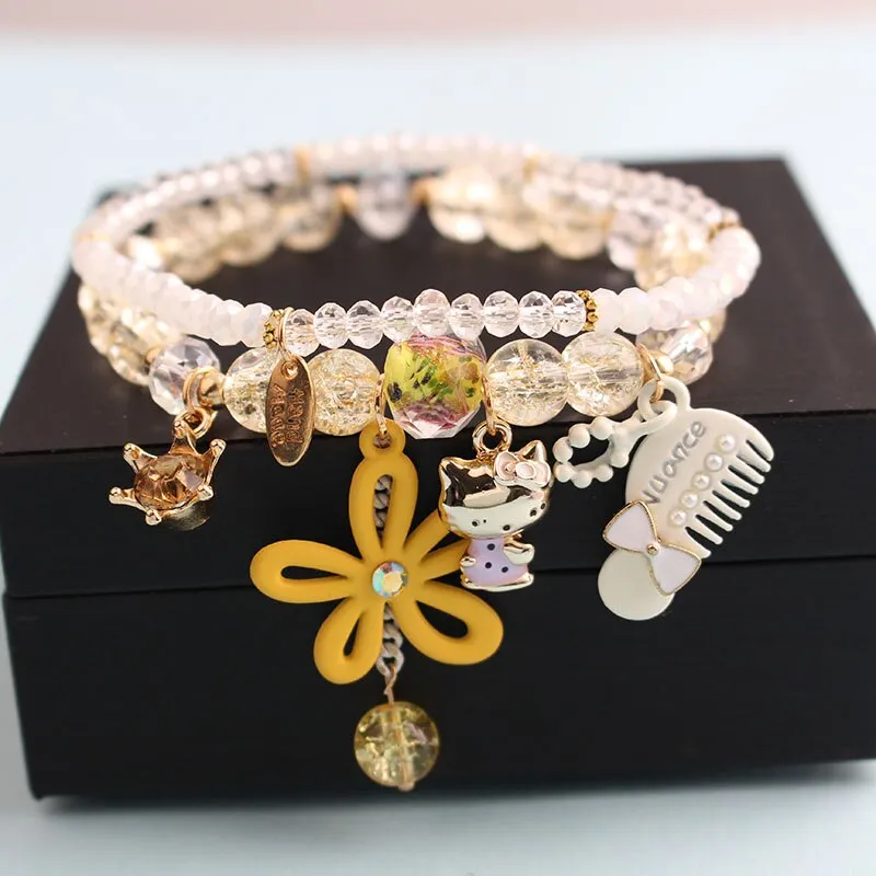 Korean style summer fresh mushroom floral pendant bracelets double-layer popcorn Crystal elastic bracelet for women