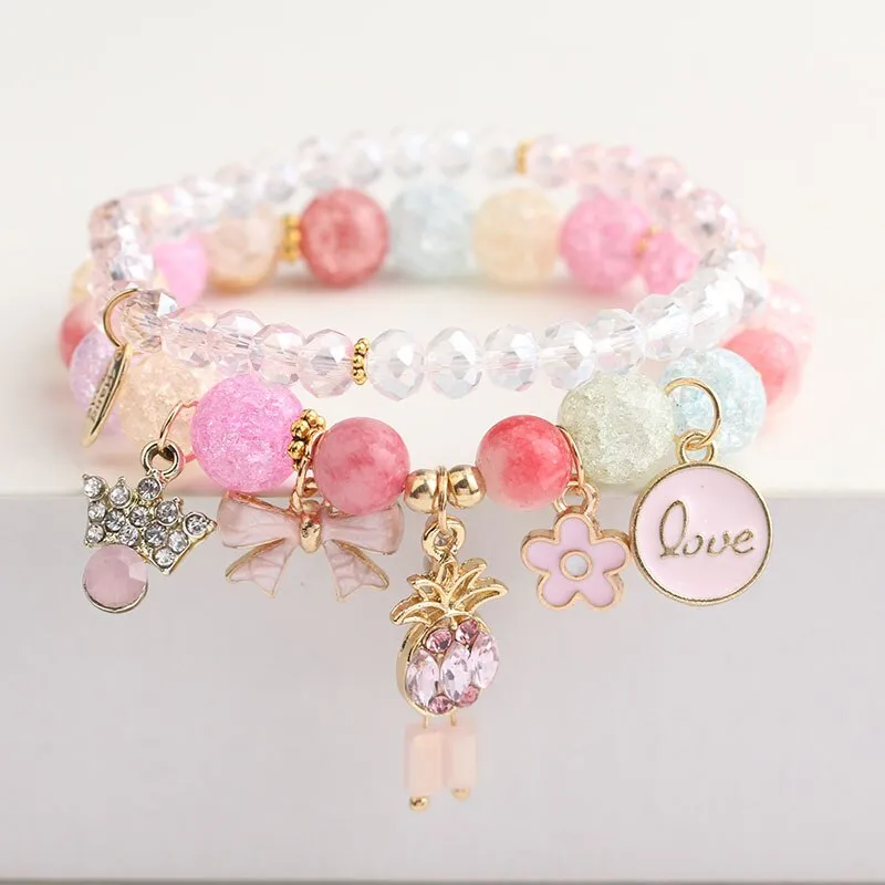 Korean style summer fresh mushroom floral pendant bracelets double-layer popcorn Crystal elastic bracelet for women