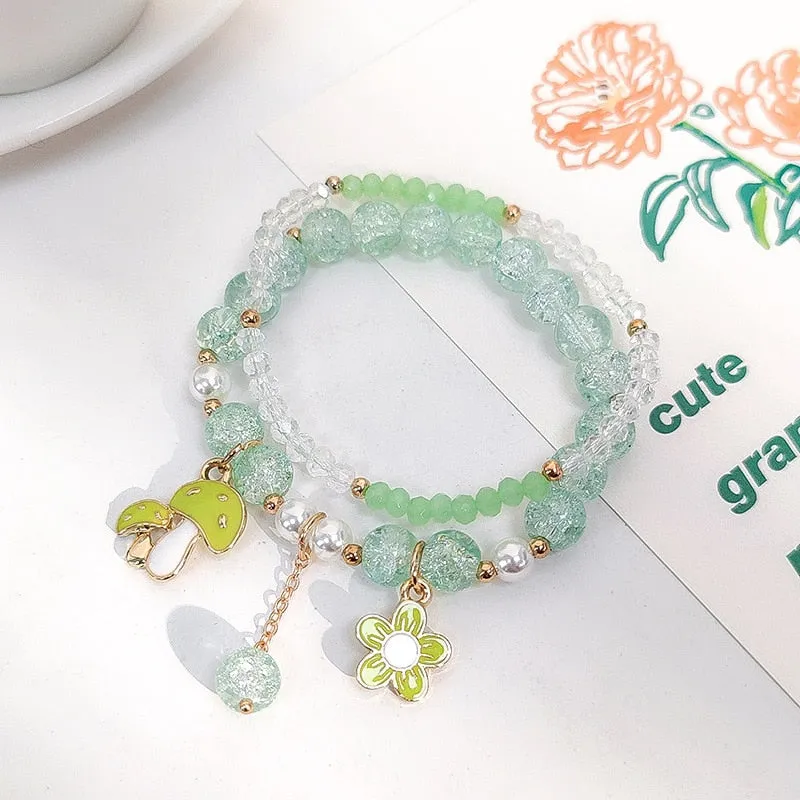 Korean style summer fresh mushroom floral pendant bracelets double-layer popcorn Crystal elastic bracelet for women