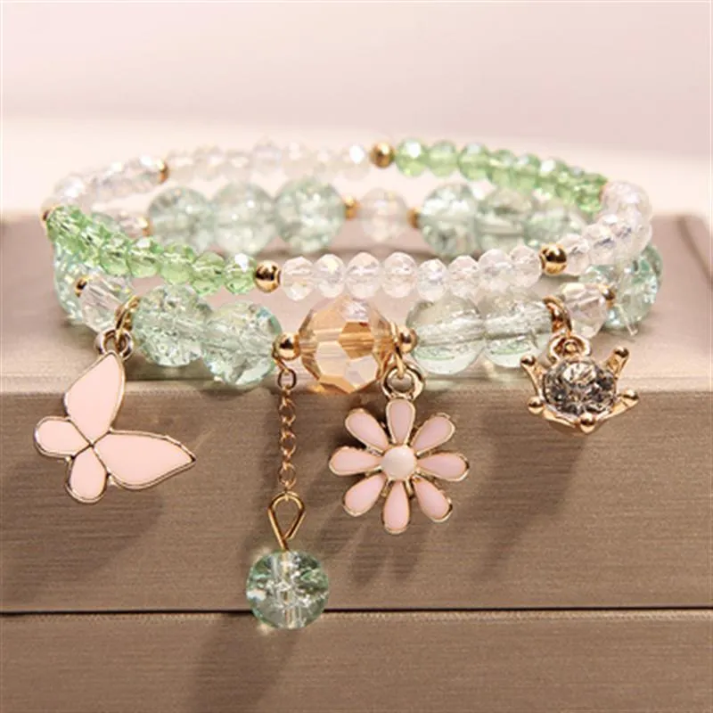 Korean style summer fresh mushroom floral pendant bracelets double-layer popcorn Crystal elastic bracelet for women