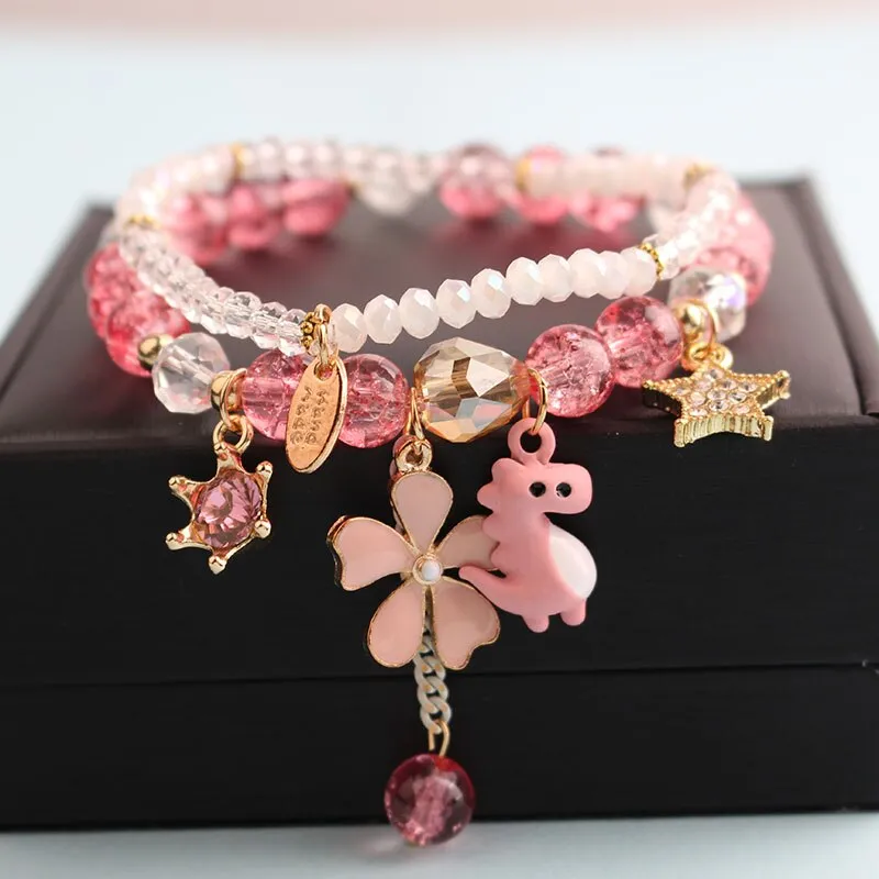 Korean style summer fresh mushroom floral pendant bracelets double-layer popcorn Crystal elastic bracelet for women