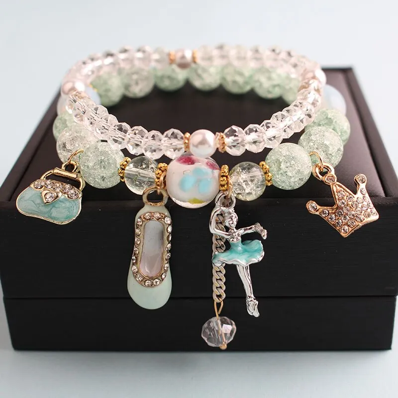 Korean style summer fresh mushroom floral pendant bracelets double-layer popcorn Crystal elastic bracelet for women