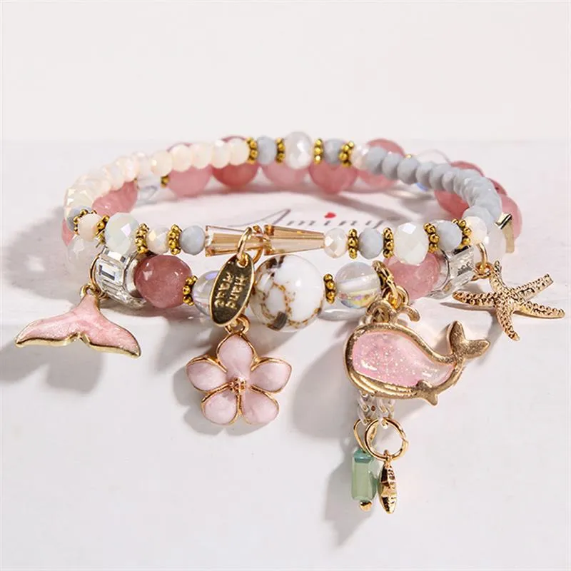 Korean style summer fresh mushroom floral pendant bracelets double-layer popcorn Crystal elastic bracelet for women