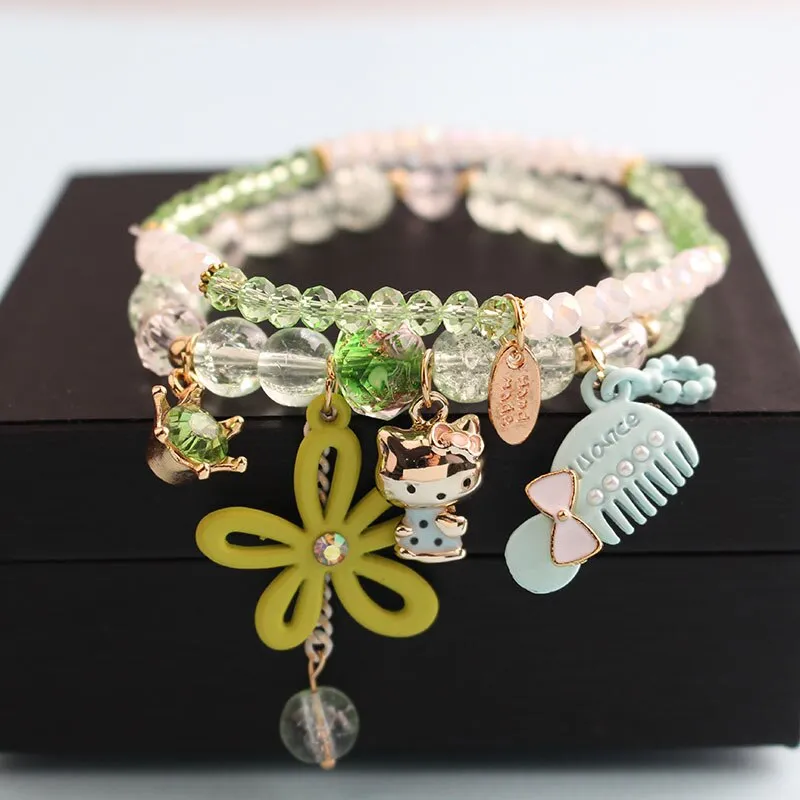 Korean style summer fresh mushroom floral pendant bracelets double-layer popcorn Crystal elastic bracelet for women