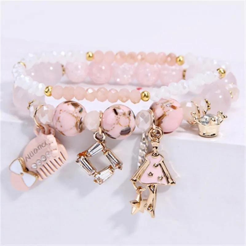 Korean style summer fresh mushroom floral pendant bracelets double-layer popcorn Crystal elastic bracelet for women