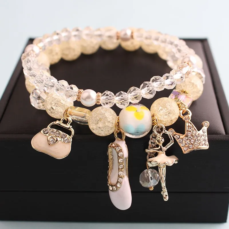 Korean style summer fresh mushroom floral pendant bracelets double-layer popcorn Crystal elastic bracelet for women