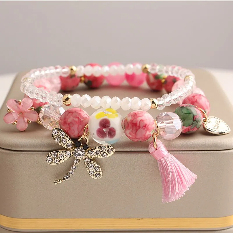 Korean style summer fresh mushroom floral pendant bracelets double-layer popcorn Crystal elastic bracelet for women