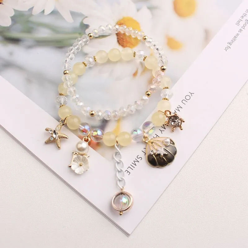 Korean style summer fresh mushroom floral pendant bracelets double-layer popcorn Crystal elastic bracelet for women