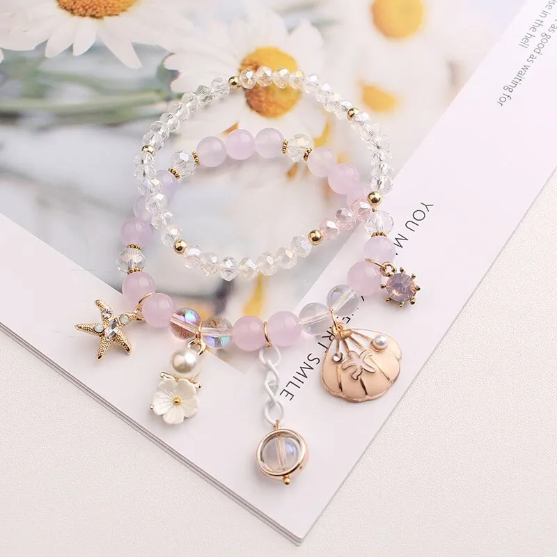 Korean style summer fresh mushroom floral pendant bracelets double-layer popcorn Crystal elastic bracelet for women