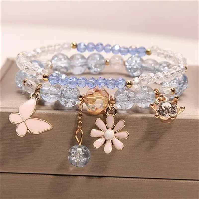 Korean style summer fresh mushroom floral pendant bracelets double-layer popcorn Crystal elastic bracelet for women