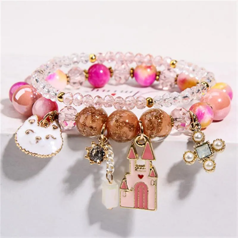 Korean style summer fresh mushroom floral pendant bracelets double-layer popcorn Crystal elastic bracelet for women