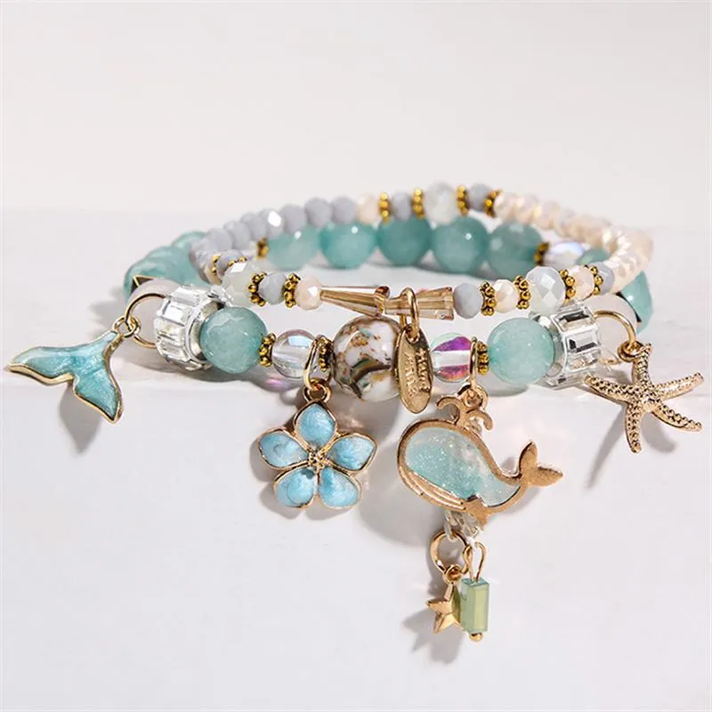 Korean style summer fresh mushroom floral pendant bracelets double-layer popcorn Crystal elastic bracelet for women