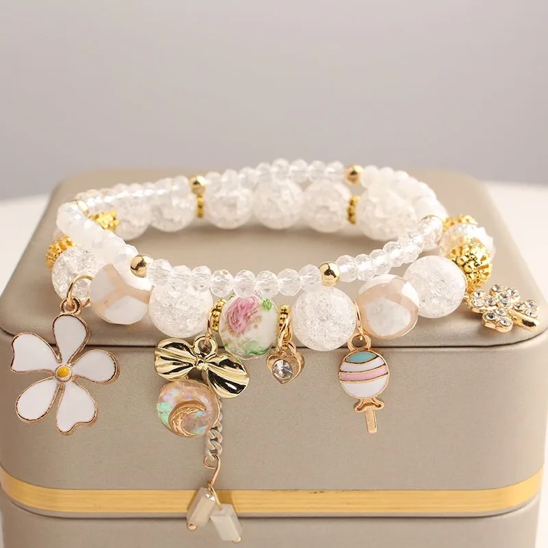 Korean style summer fresh mushroom floral pendant bracelets double-layer popcorn Crystal elastic bracelet for women