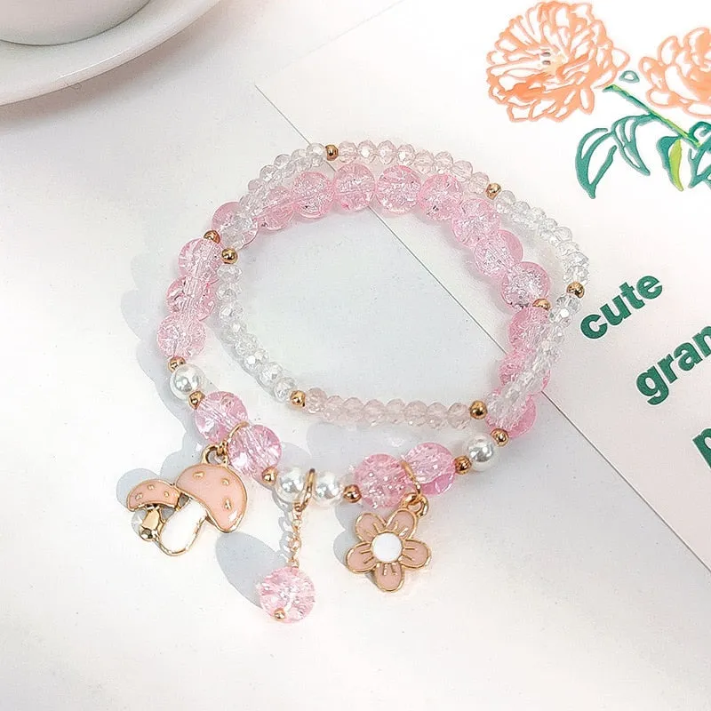 Korean style summer fresh mushroom floral pendant bracelets double-layer popcorn Crystal elastic bracelet for women