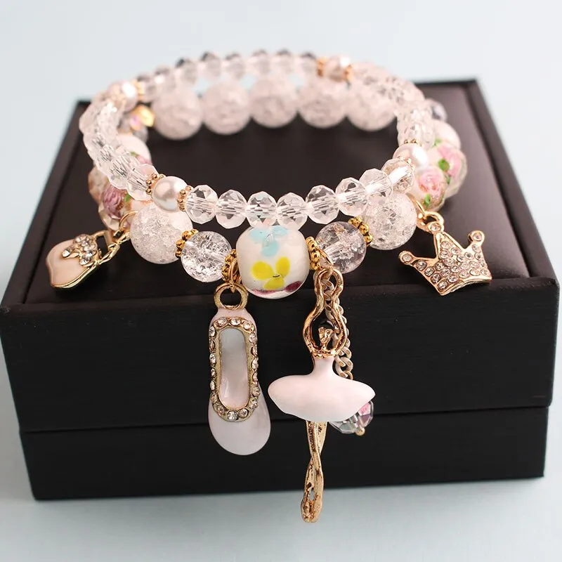 Korean style summer fresh mushroom floral pendant bracelets double-layer popcorn Crystal elastic bracelet for women