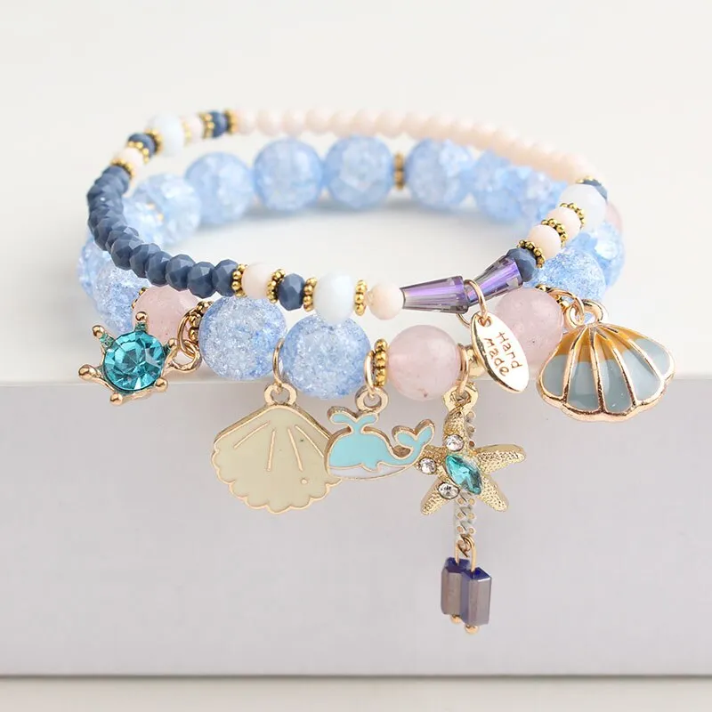 Korean style summer fresh mushroom floral pendant bracelets double-layer popcorn Crystal elastic bracelet for women