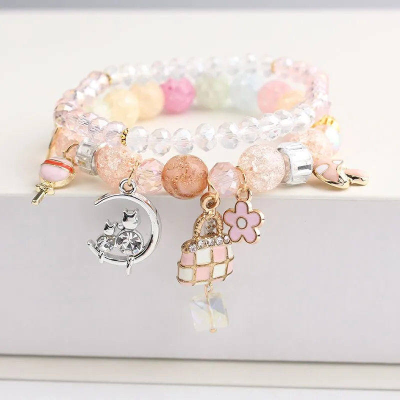 Korean style summer fresh mushroom floral pendant bracelets double-layer popcorn Crystal elastic bracelet for women