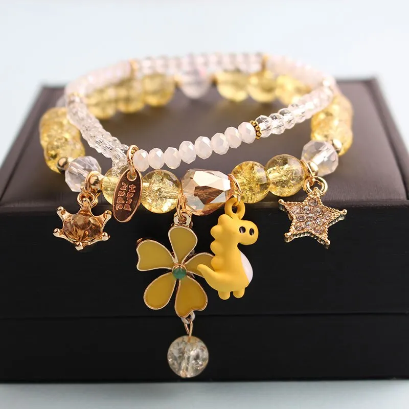 Korean style summer fresh mushroom floral pendant bracelets double-layer popcorn Crystal elastic bracelet for women