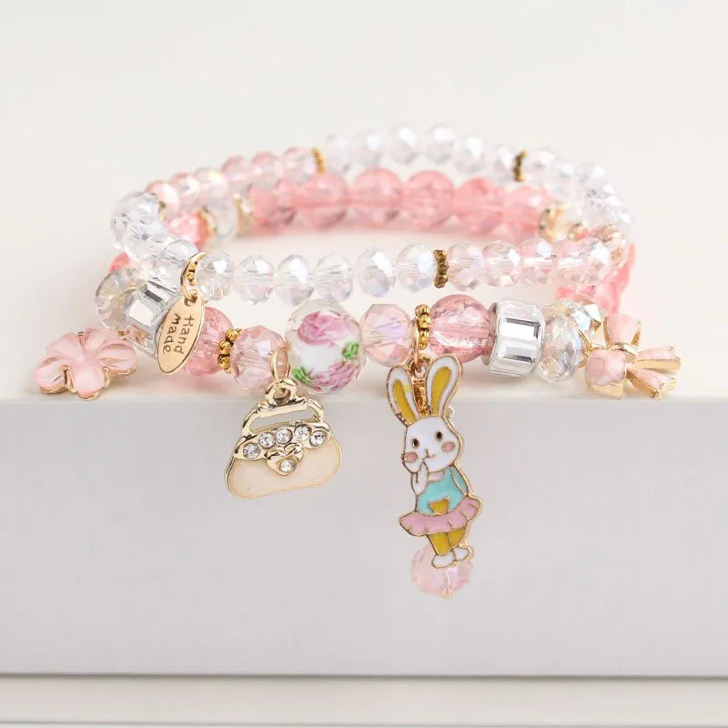 Korean style summer fresh mushroom floral pendant bracelets double-layer popcorn Crystal elastic bracelet for women