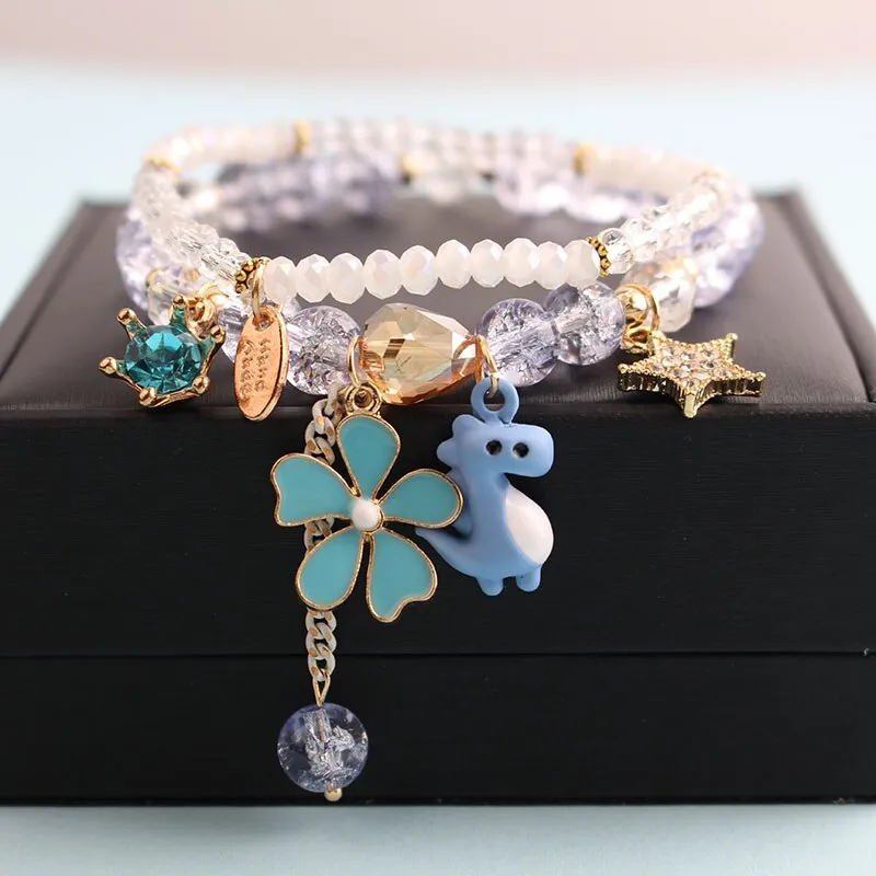 Korean style summer fresh mushroom floral pendant bracelets double-layer popcorn Crystal elastic bracelet for women