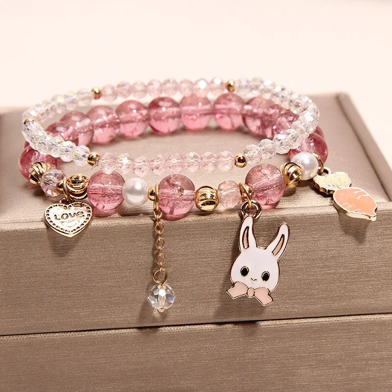 Korean style summer fresh mushroom floral pendant bracelets double-layer popcorn Crystal elastic bracelet for women