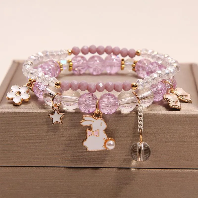 Korean style summer fresh mushroom floral pendant bracelets double-layer popcorn Crystal elastic bracelet for women