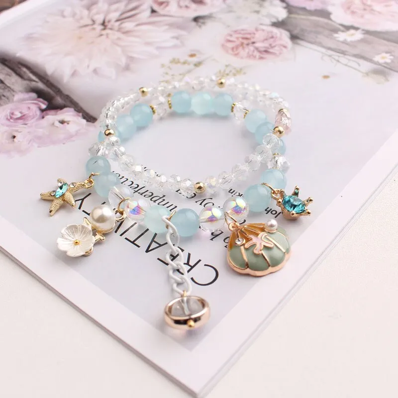 Korean style summer fresh mushroom floral pendant bracelets double-layer popcorn Crystal elastic bracelet for women