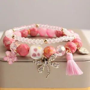 Korean style summer fresh mushroom floral pendant bracelets double-layer popcorn Crystal elastic bracelet for women