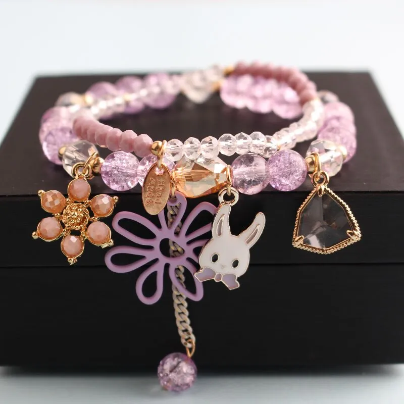 Korean style summer fresh mushroom floral pendant bracelets double-layer popcorn Crystal elastic bracelet for women