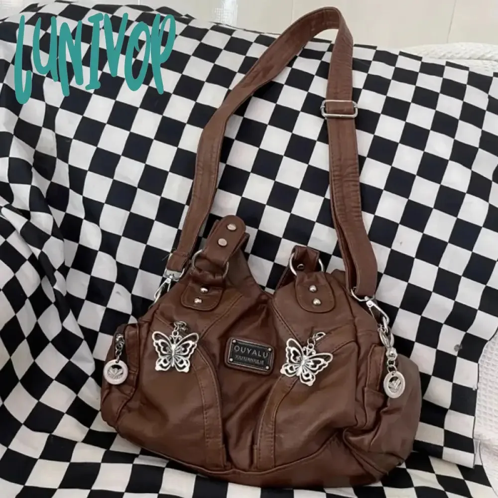 Lunivop Brown Y2k Womens Shoulder Bag Vintage Fashion Soft Pu Leather Gothic Tote Bag Punk Harajuku Casual Large Capacity Handbag