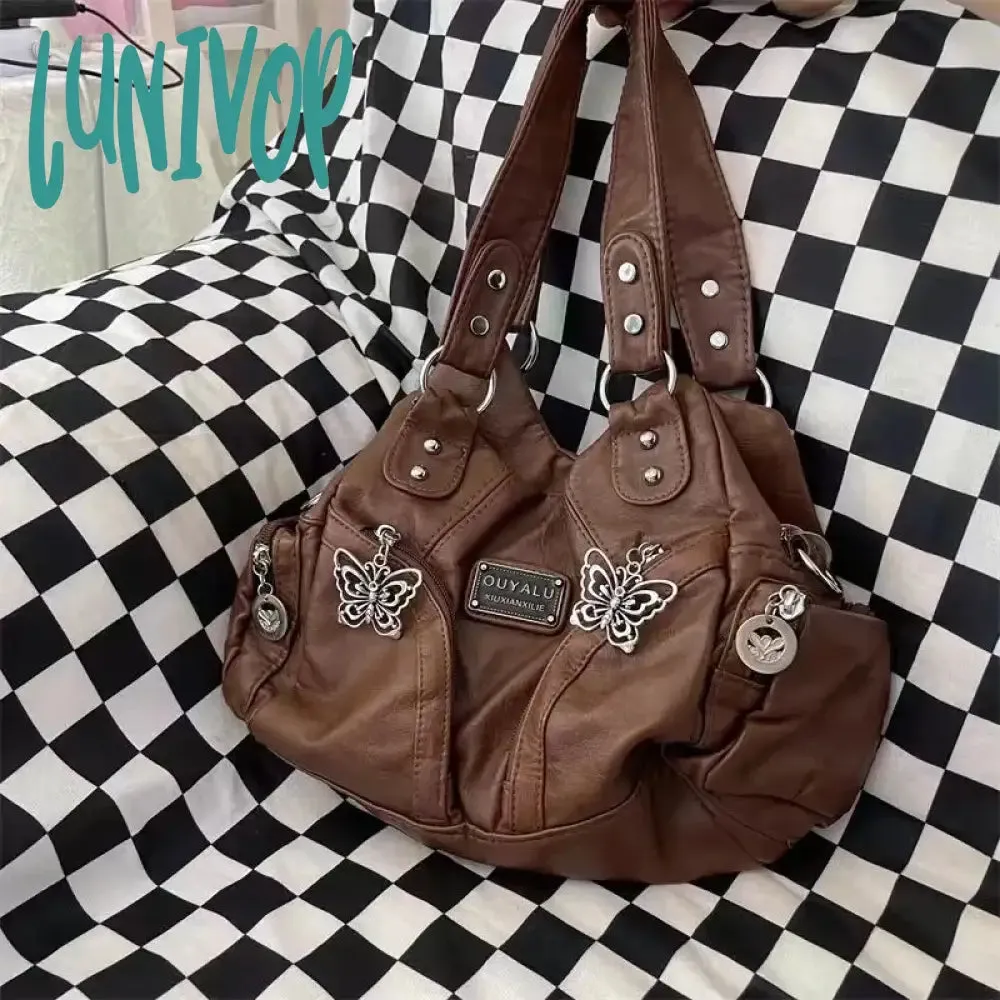 Lunivop Brown Y2k Womens Shoulder Bag Vintage Fashion Soft Pu Leather Gothic Tote Bag Punk Harajuku Casual Large Capacity Handbag