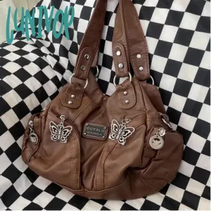 Lunivop Brown Y2k Womens Shoulder Bag Vintage Fashion Soft Pu Leather Gothic Tote Bag Punk Harajuku Casual Large Capacity Handbag