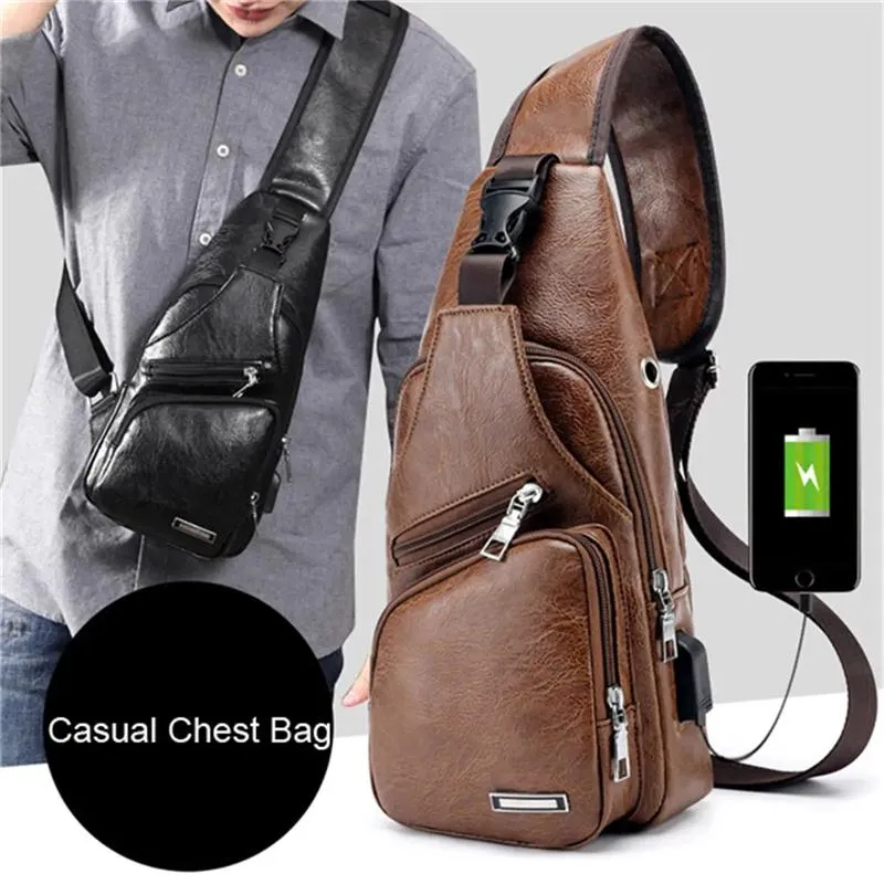 Men’s Outdoor Resistant Anti Theft Chest Bag Sling Bag With Headphone Jack And USB Charging Port