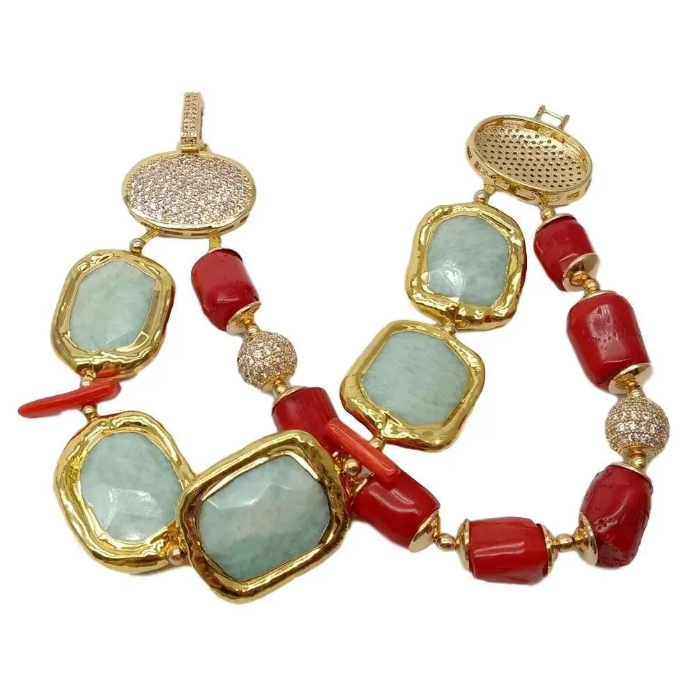 Natural Faceted Rectangle Green Amazonite Red Coral Tube strand Bracelet 8.5" Trendy Style for women