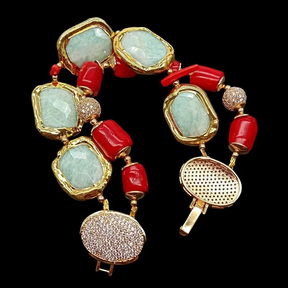 Natural Faceted Rectangle Green Amazonite Red Coral Tube strand Bracelet 8.5" Trendy Style for women