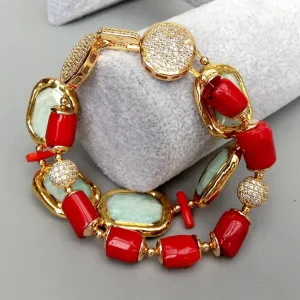 Natural Faceted Rectangle Green Amazonite Red Coral Tube strand Bracelet 8.5" Trendy Style for women