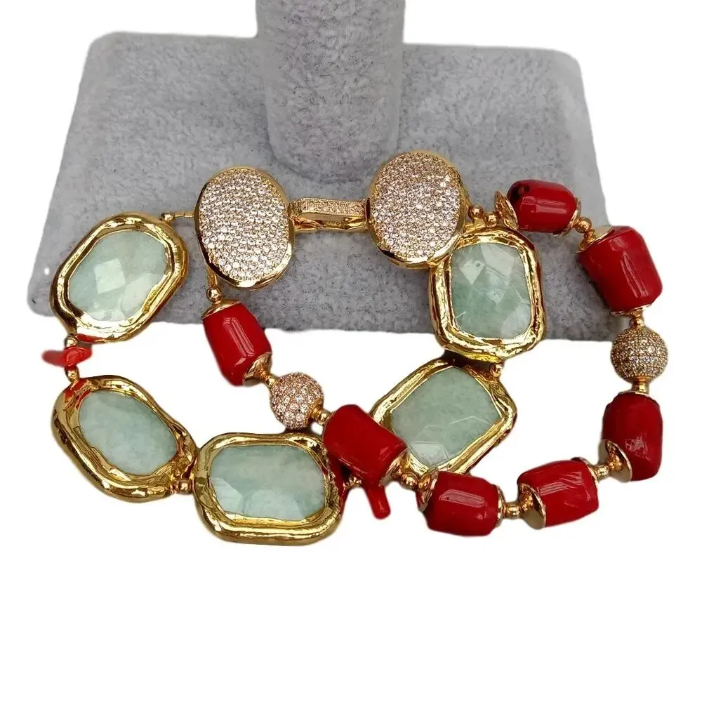 Natural Faceted Rectangle Green Amazonite Red Coral Tube strand Bracelet 8.5" Trendy Style for women