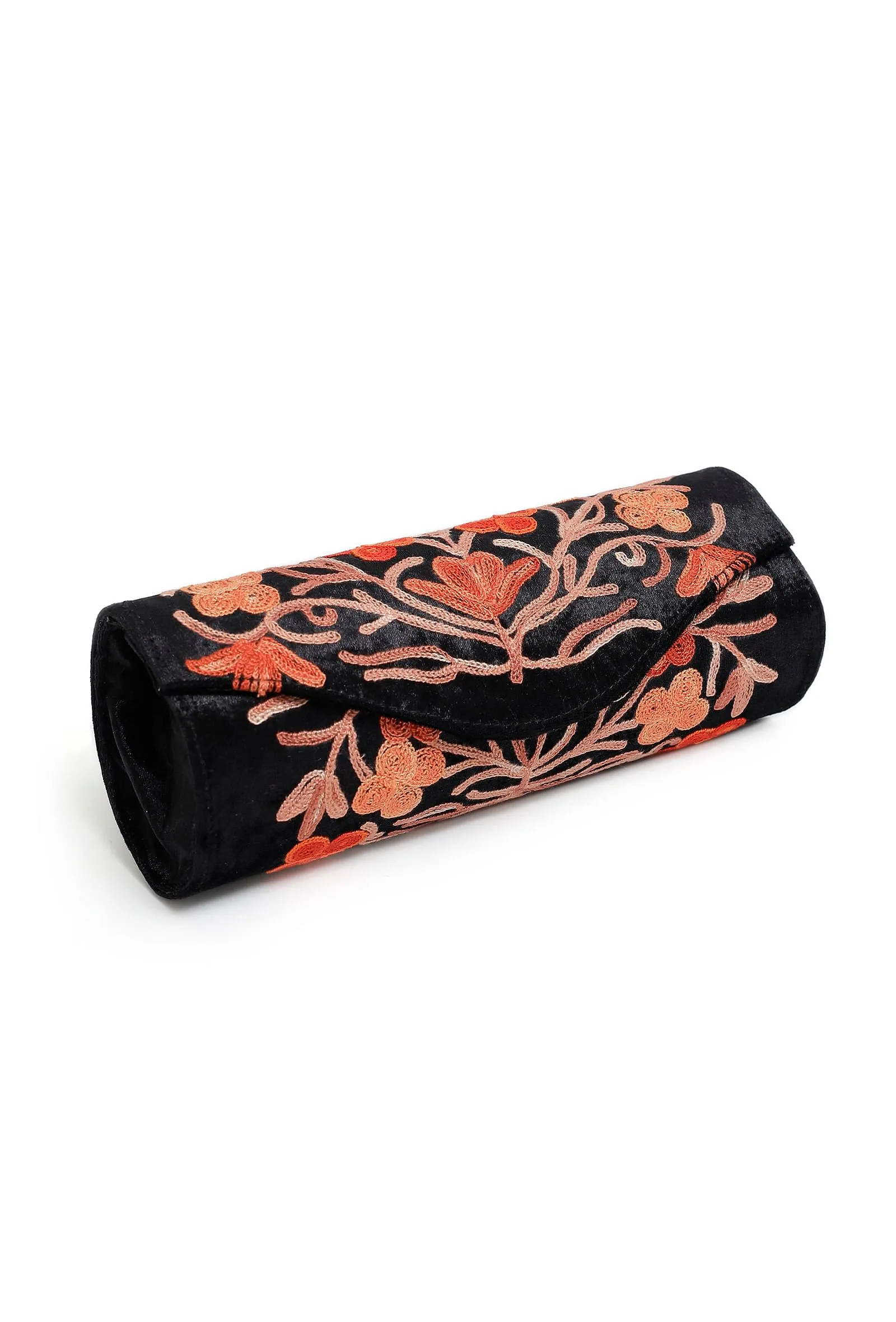 Peach Black Tilla Embroidery Velvet Clutch