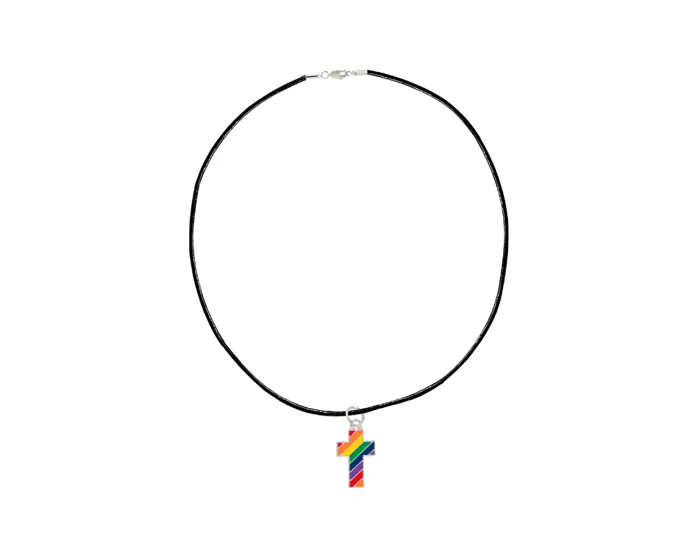 Rainbow Cross Black Cord Necklaces