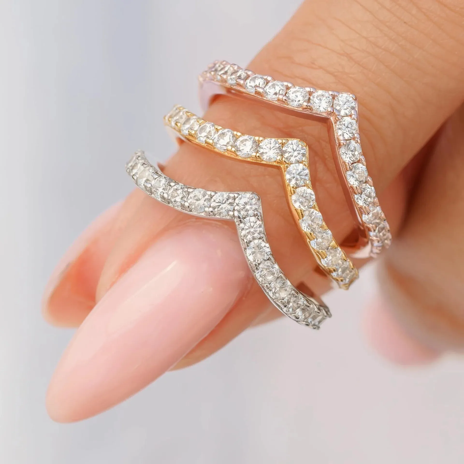 Stackable Pavé V-Shaped Chevron Wishbone Eternity Ring - Gold