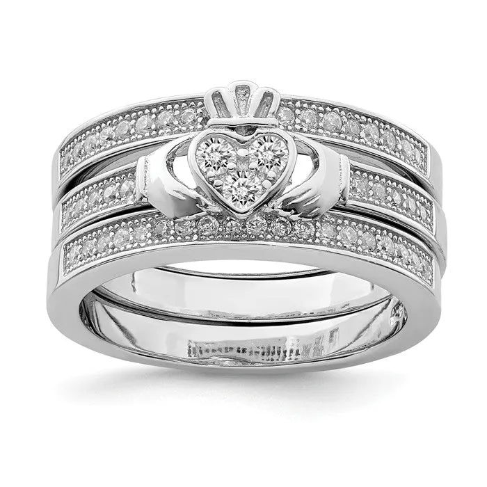 Sterling Silver Claddagh Pave Trio Set Rings