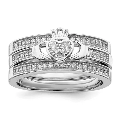 Sterling Silver Claddagh Pave Trio Set Rings