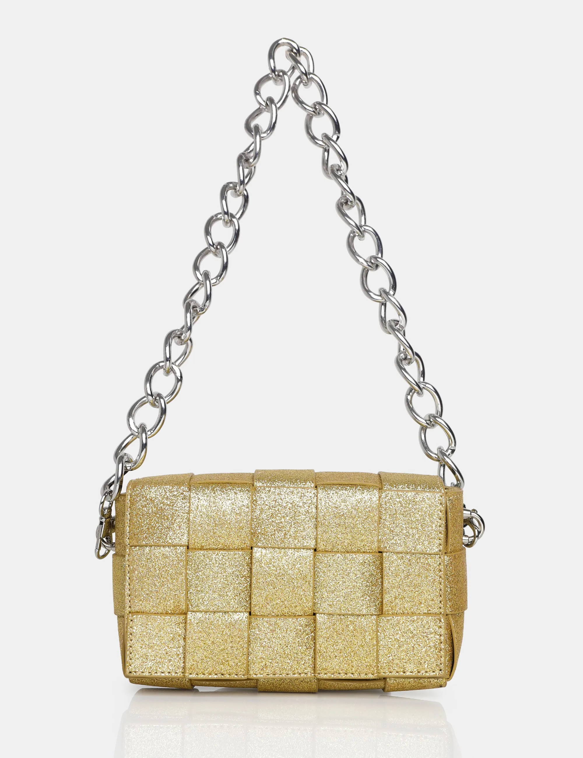 The Mayan Champagne Glitter Weave Gold Chain Detail Shoulder Bag